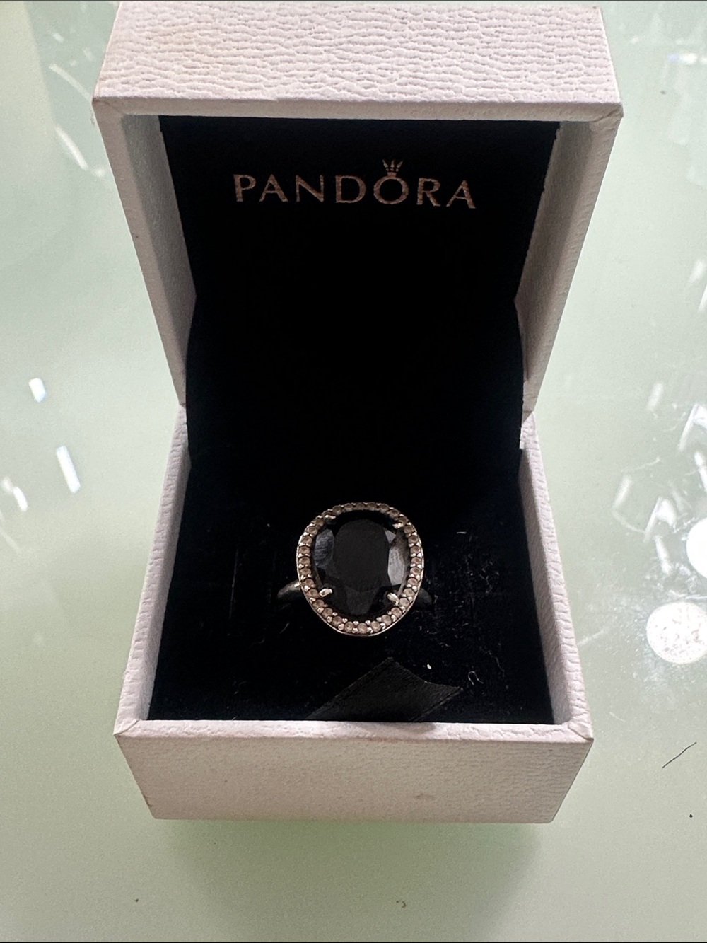 Pandora Silver Ring with Black Oval Gem and Clear Halo
